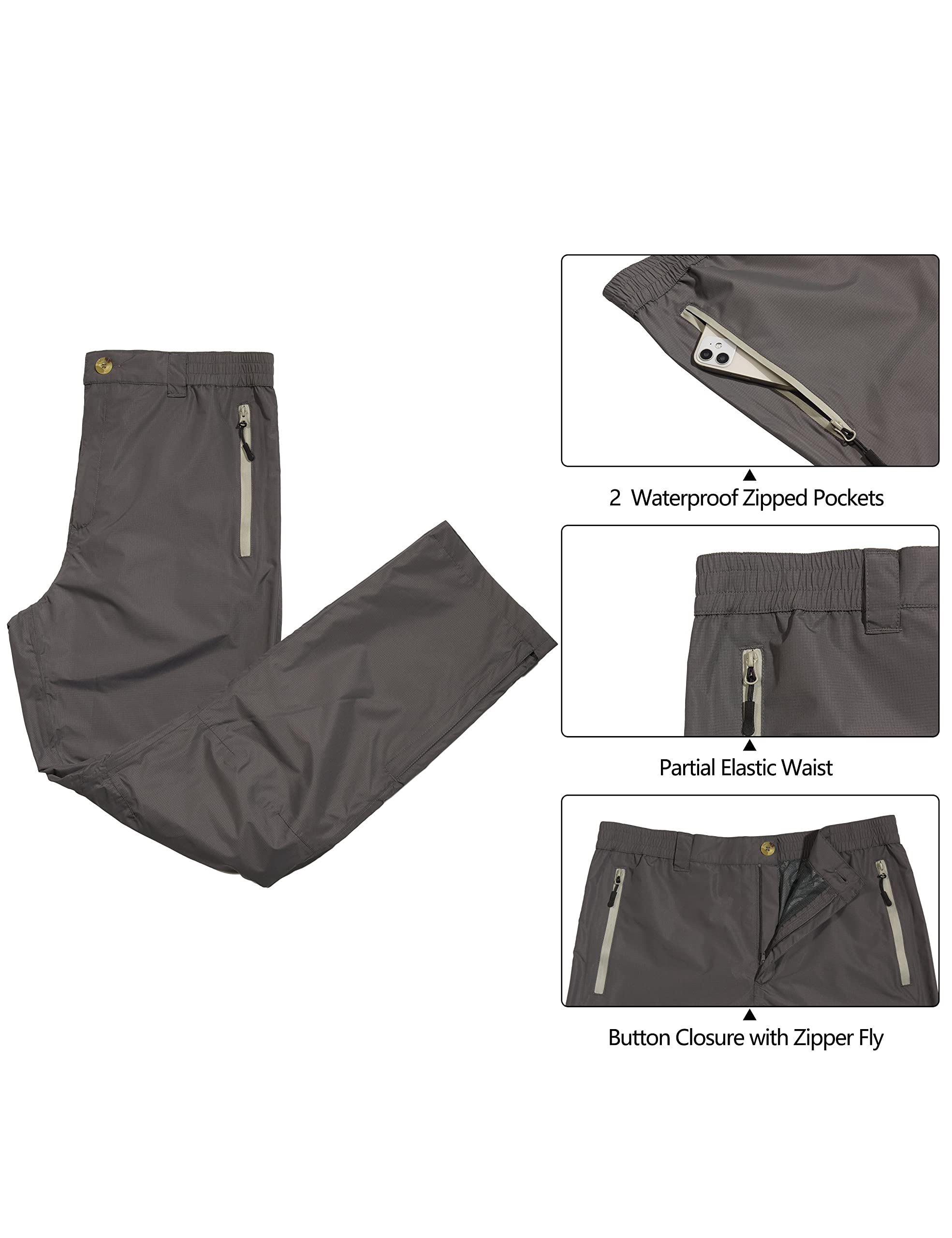 Little Donkey Andy Men's Waterproof Lightweight Rain Pants Breathable Windproof Hiking Golf Fishing Pants Pewter L