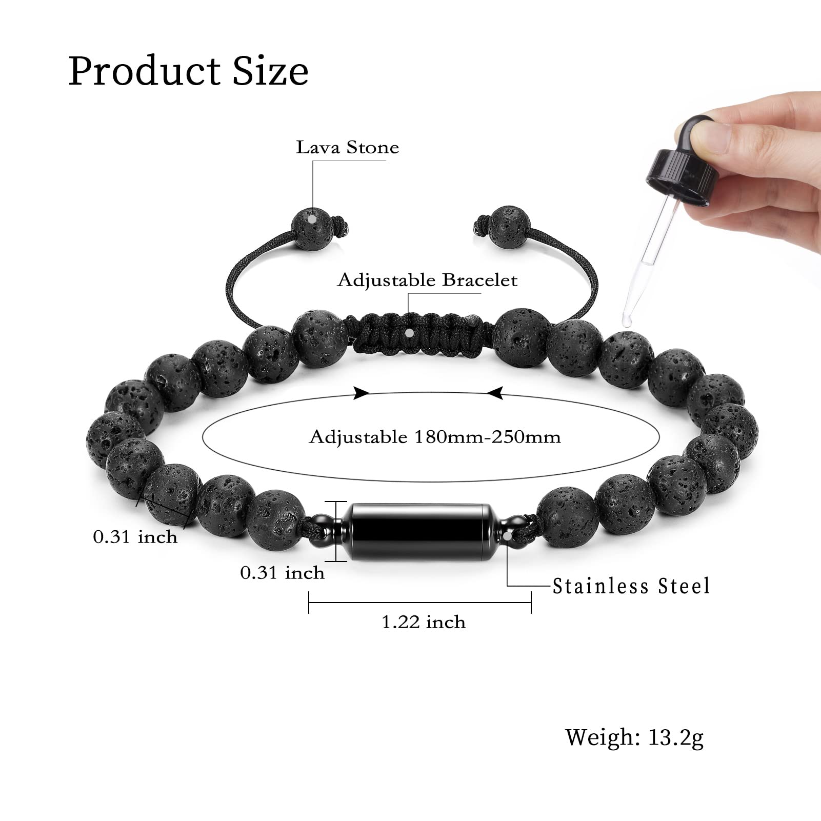 shajwo Cylinder Urn Bracelet for Ashes for Women Men Cremation Jewelry Memorial Keepsake Adjustable Lava Bracelet,Balck