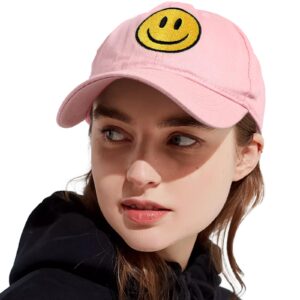 SONMONY Smile Face Baseball Hat Washed Dad Hat for Men Women Cute Baseball Caps Unstructured Smile Embroidered Hat Pink