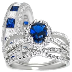 LaRaso & Co His Hers Sterling Blue Sapphire CZ Bridal Wedding Band Engagement Ring Set Him Her