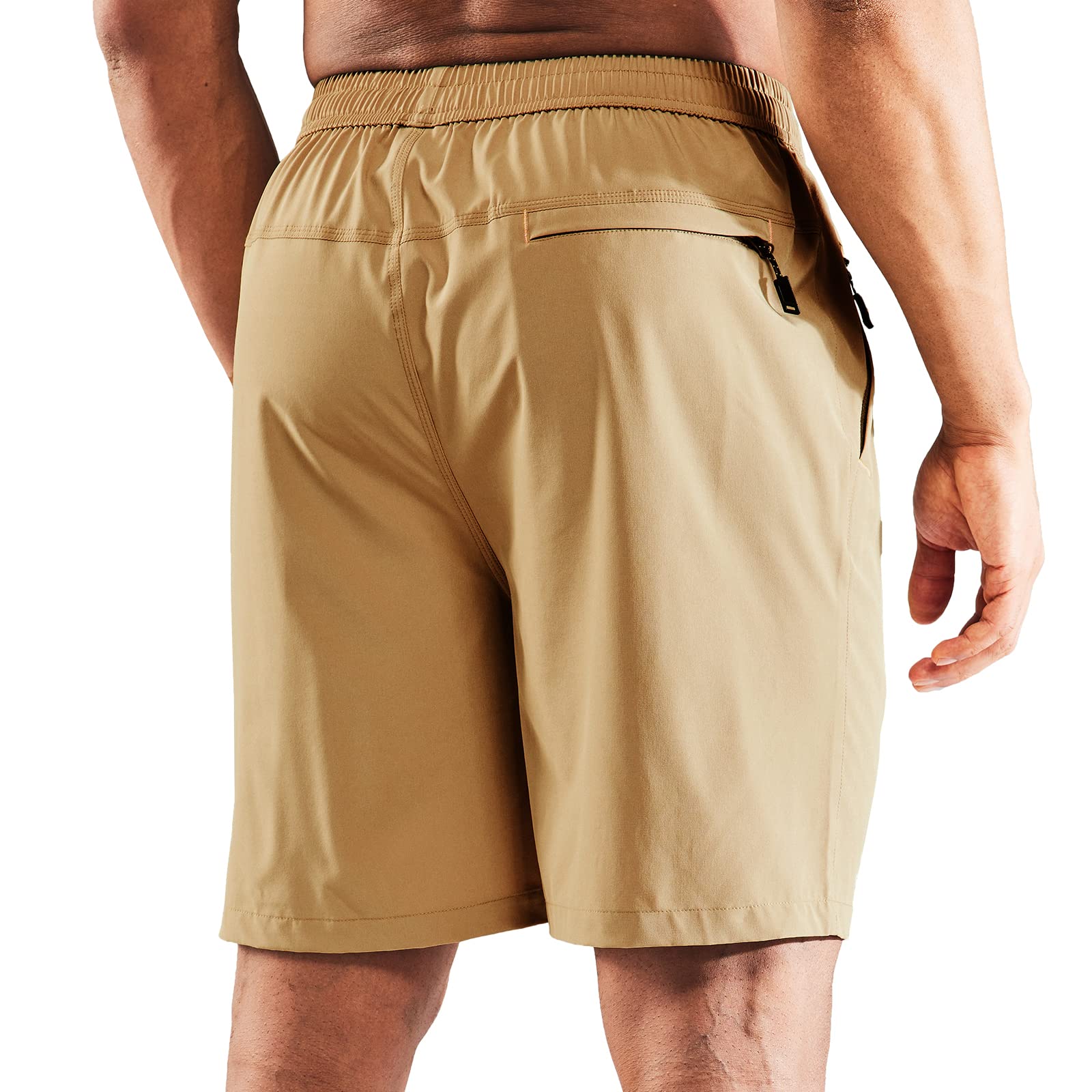 MIER Men's Quick Dry Running Shorts with Zipper Pocket, Elastic Waist Athletic Workout Exercise Fitness Shorts, 7 Inch, Khaki, Medium