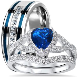 LaRaso & Co His Hers Sterling Blue Sapphire CZ Bridal Wedding Band Engagement Ring Set Him Her Thin Blue Line