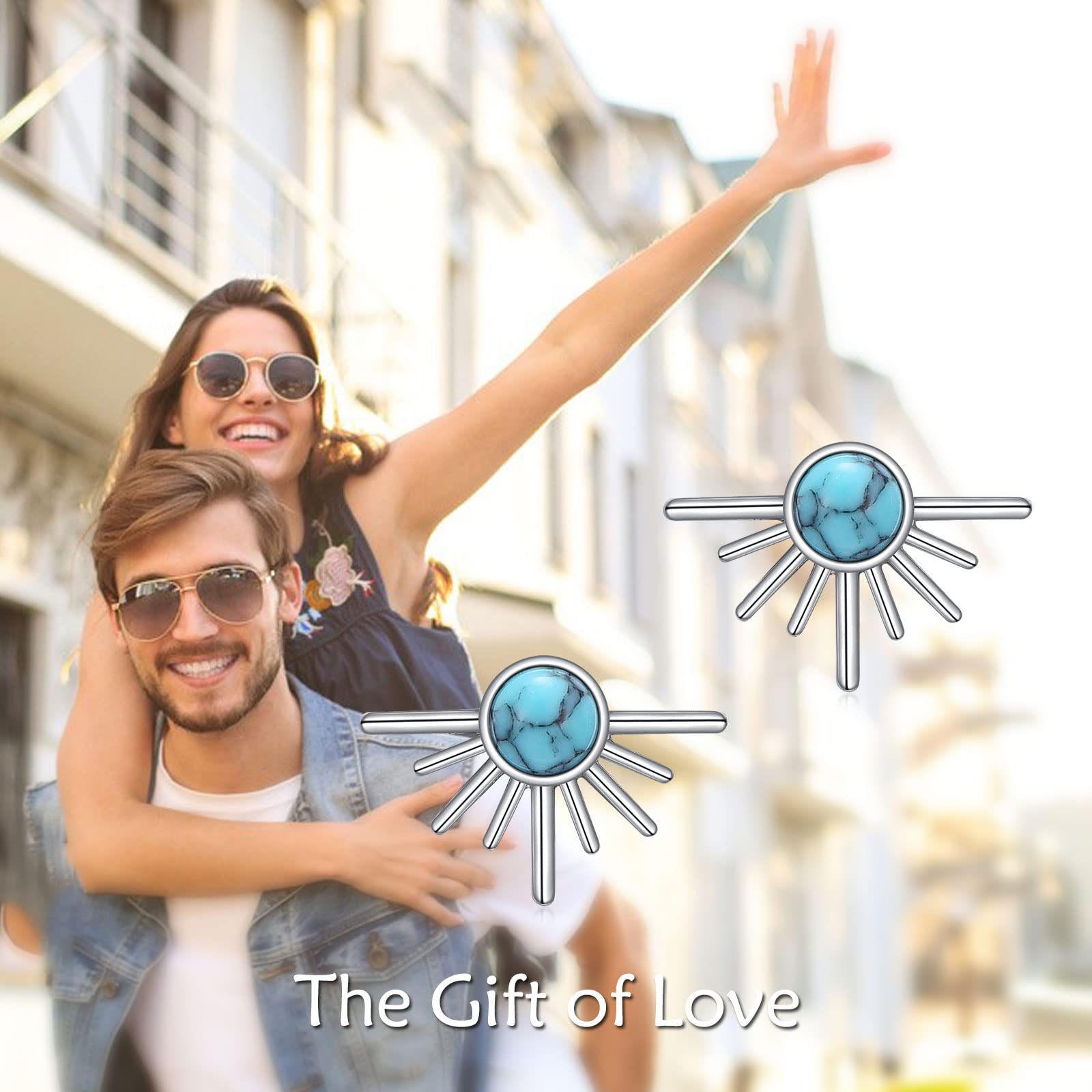 KQF Tiny Sun Stud Earrings for Women Moonstone Turquoise Opal Sterling Silver Earrings