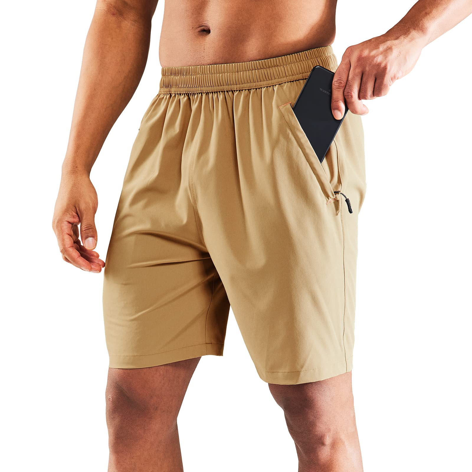 MIER Men's Quick Dry Running Shorts with Zipper Pocket, Elastic Waist Athletic Workout Exercise Fitness Shorts, 7 Inch, Khaki, Medium