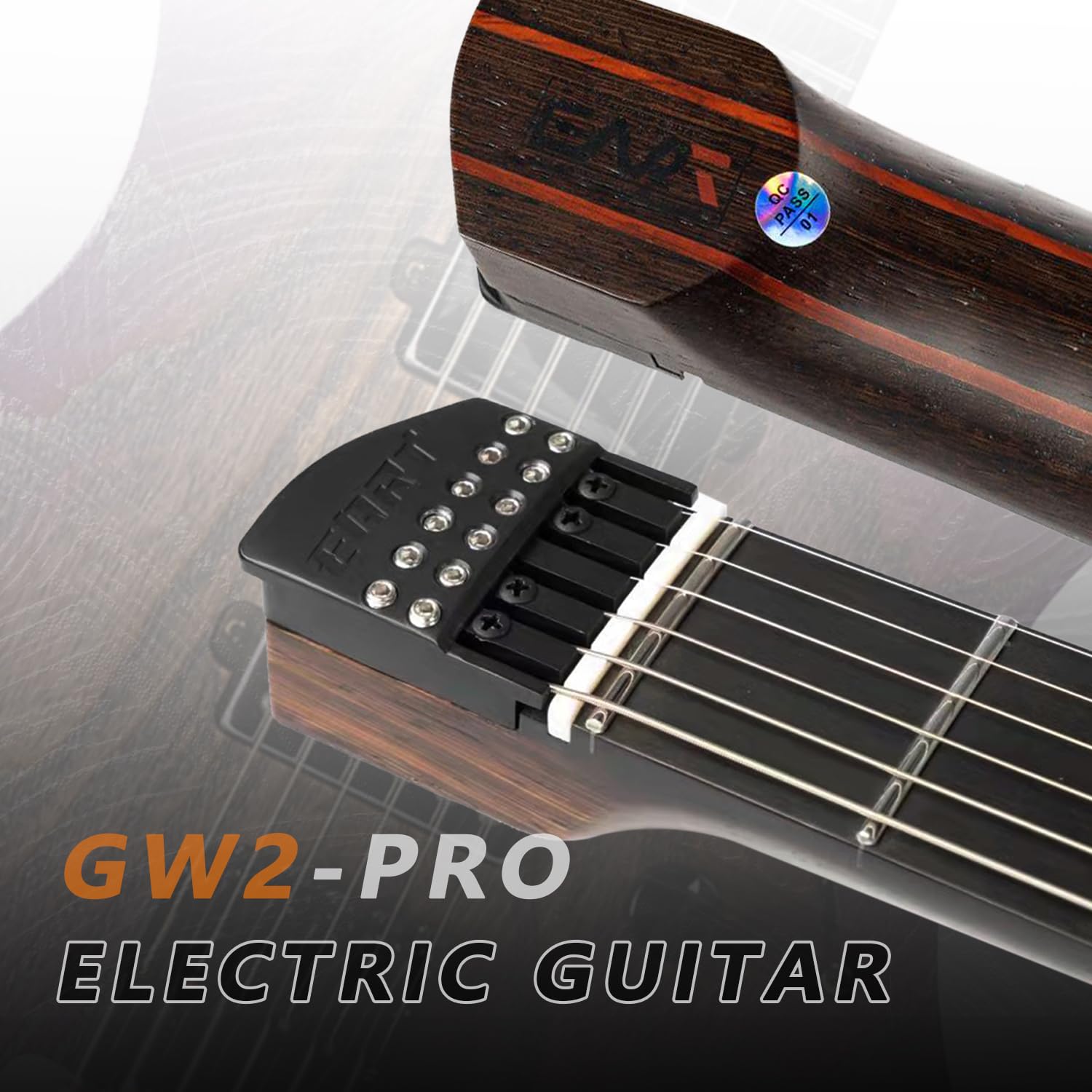 EART GW2-Pro Headless Electric Guitar fixed Bridge for Travel, Roasted Ash Solid-Body - Wenge Neck,Trans white/natural/Solid black(GD)