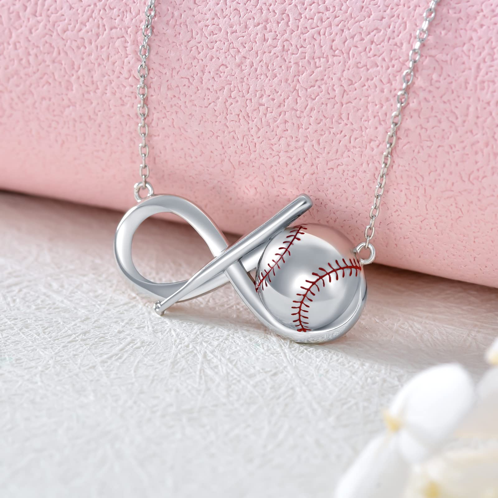 RMREWY Baseball Necklace 925 Sterling Silver Infinity Pendant Baseball Bat Sports Charm Baseball Jewelry Gift for Women Baseball Lovers