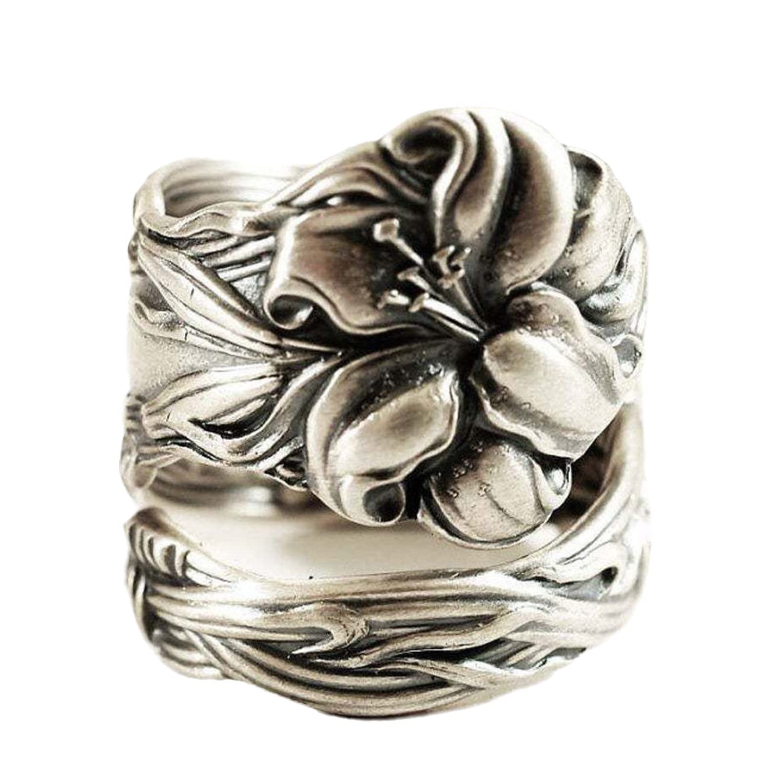 Zaoune 100% Apollo Vintage Spoon Rings for Women Lily Flower Open Adjustable Boho Floral Statement Jewelry, (Lily Flower, 9)