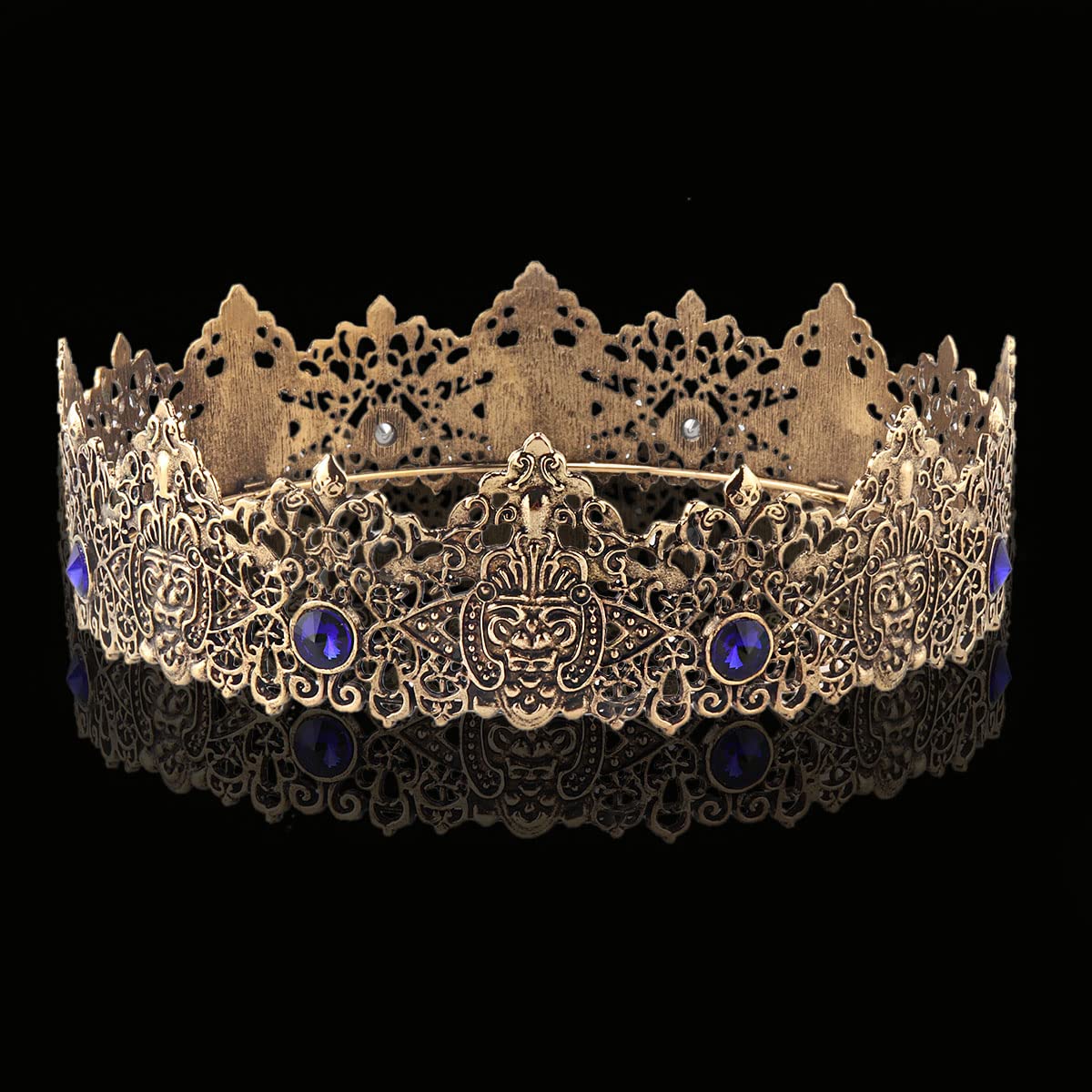 King Men Tiara Crown Imperial Medieval Headband Crystal Pageant Costumes For Birthday Party Prom Halloween Hair Accessories (Dark Gold With Blue Stone)