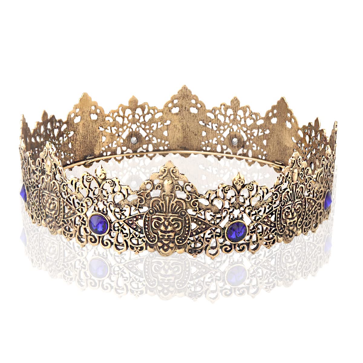 King Men Tiara Crown Imperial Medieval Headband Crystal Pageant Costumes For Birthday Party Prom Halloween Hair Accessories (Dark Gold With Blue Stone)