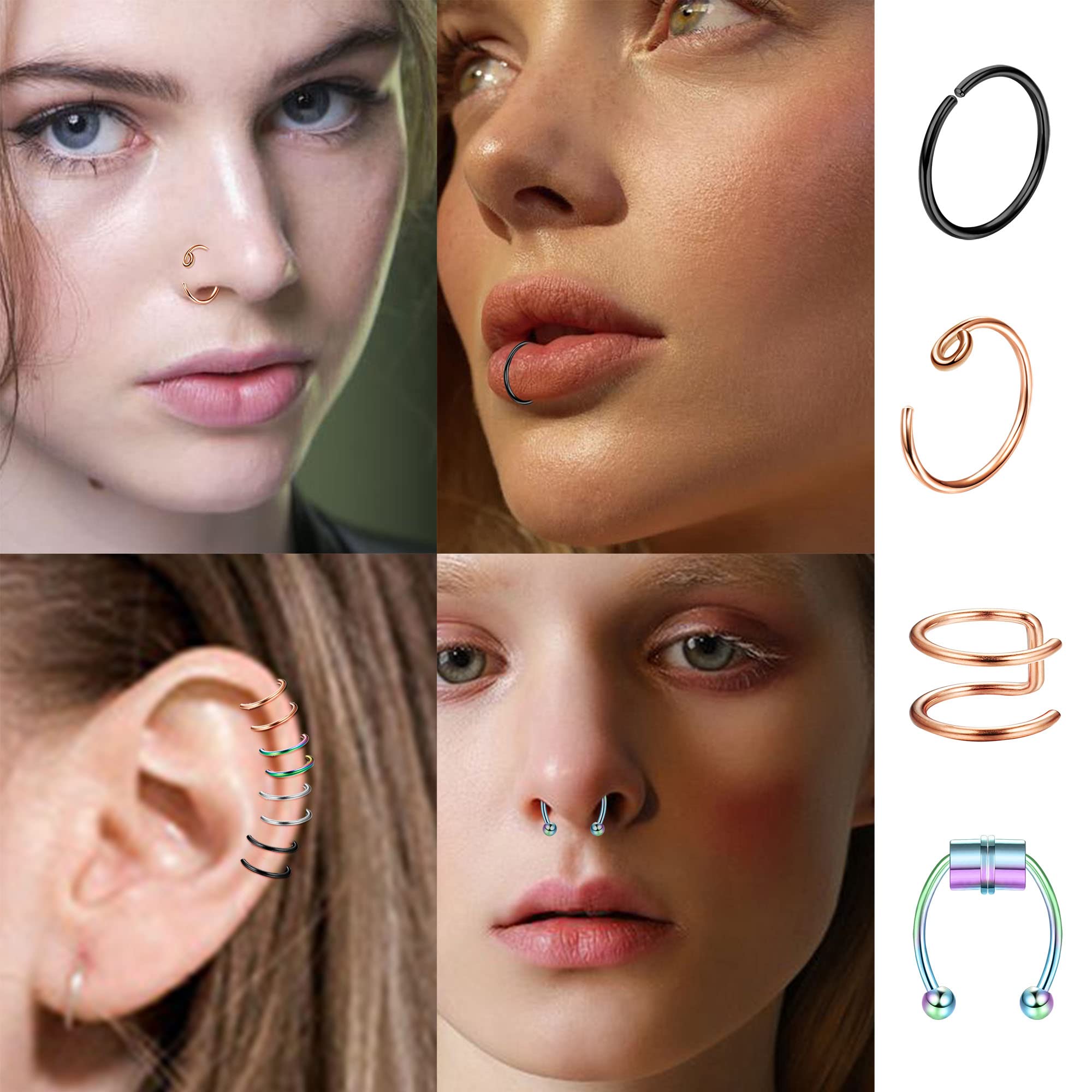 ORAZIO Fake Nose Ring - Stainless Steel Fake Nose Rings for Women Small Faux Septum Nose Ring Stud CZ Lip Ring Stud Nose Cuff Cartilage Earring Small Non Piercing Nose Ring Faux Piercing Jewelry