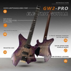 EART GW2-Pro Headless Electric Guitar fixed Bridge for Travel, Roasted Ash Solid-Body - Wenge Neck,Trans white/natural/Solid black(GD)