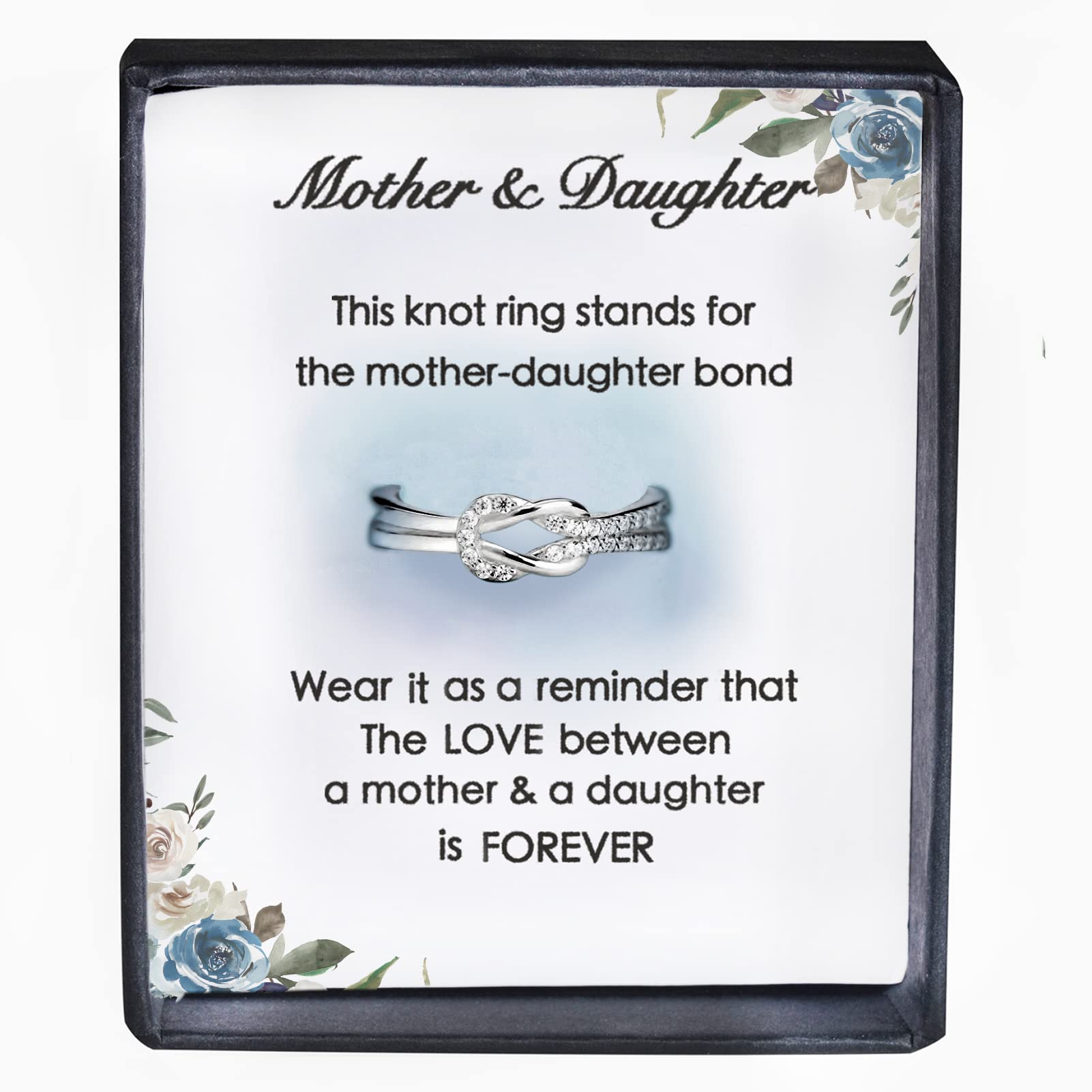 MOTHER & DAUGHTER RING SQUARE KNOT RING STERLING SILVER RING SIZE 5-10 WITH GIFT BOX AND POEM (Silver, 8)