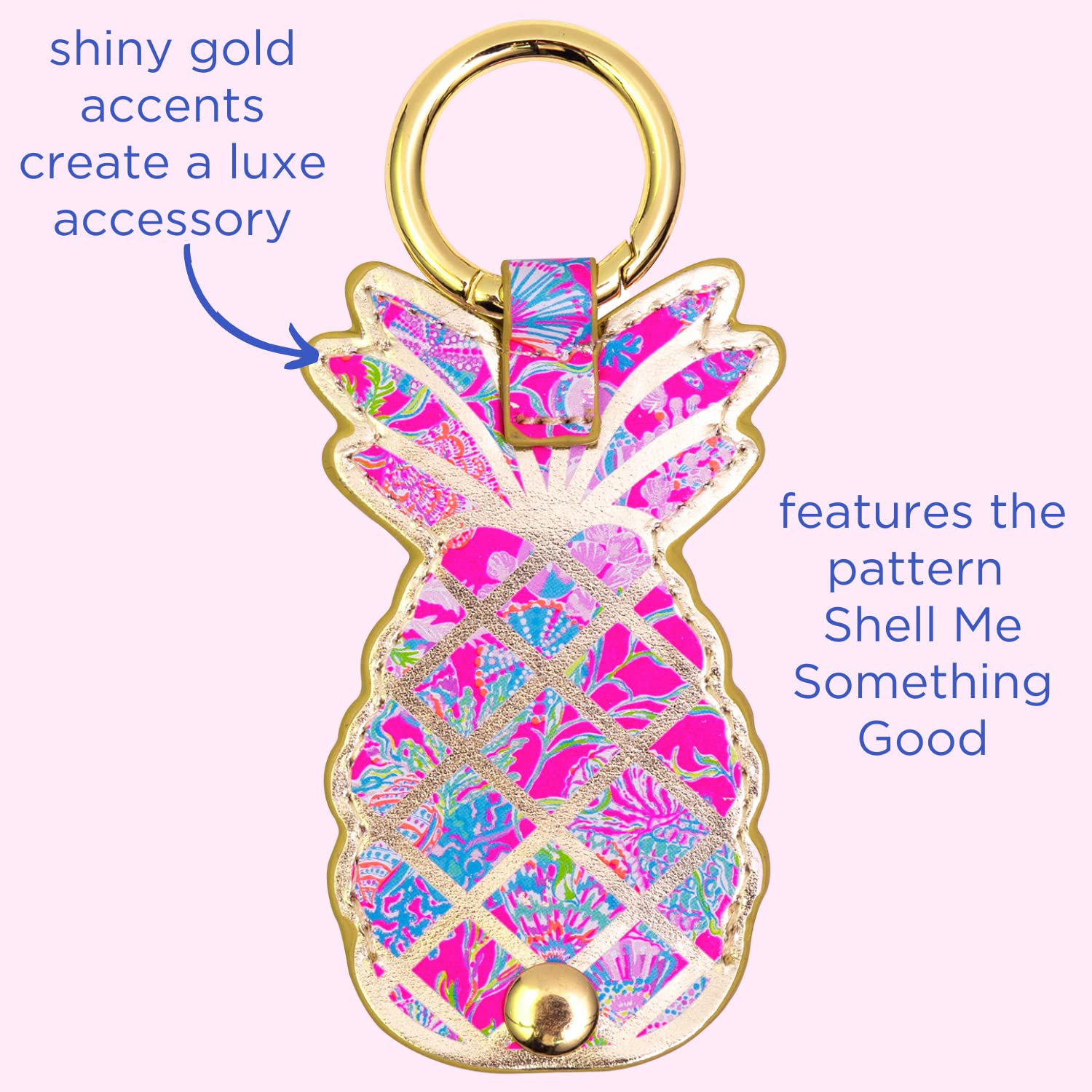 Lilly Pulitzer Leatherette AirTag Keychain, Cute Air Tag Holder, Novelty Pineapple Shaped AirTag Key Ring for Luggage, Car Keys, or Dog Collars, Shell Me Something Good