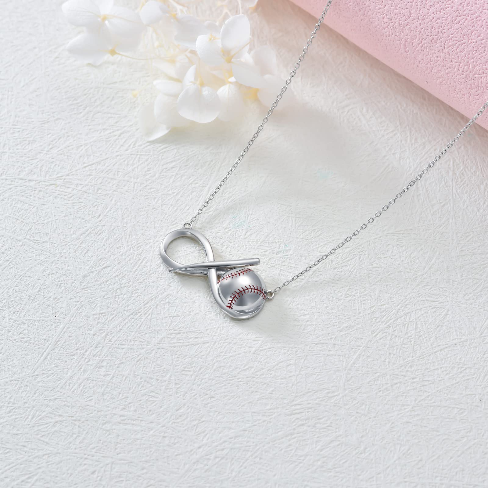 RMREWY Baseball Necklace 925 Sterling Silver Infinity Pendant Baseball Bat Sports Charm Baseball Jewelry Gift for Women Baseball Lovers