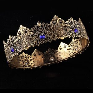 King Men Tiara Crown Imperial Medieval Headband Crystal Pageant Costumes For Birthday Party Prom Halloween Hair Accessories (Dark Gold With Blue Stone)