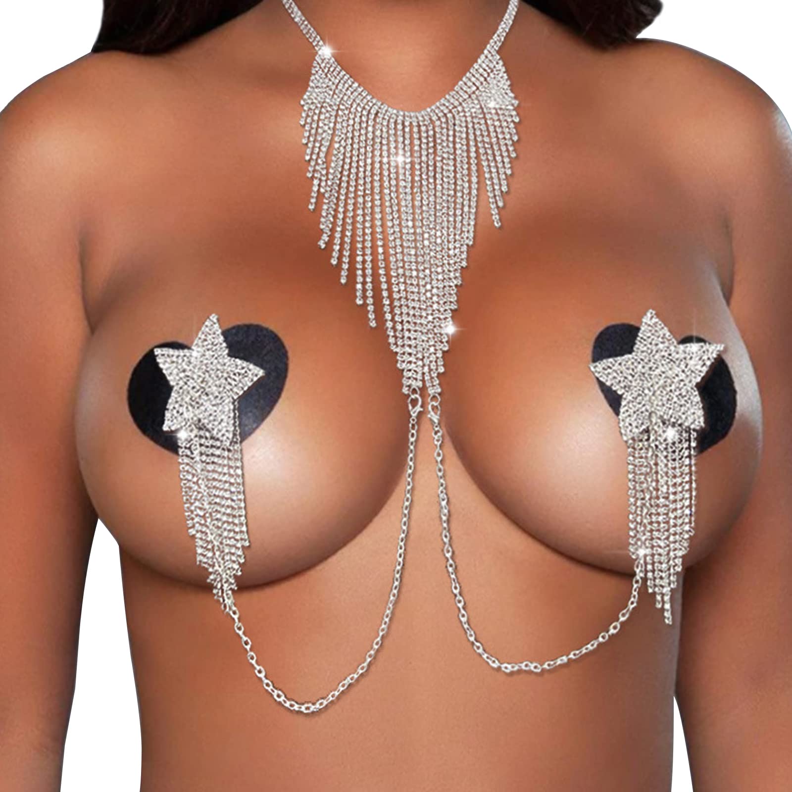 Rhinestone Body Chain Jewelry Crystal Tassel Chain Necklace Luxury Rhinestone Stars Tassel Nipple Stickers Breast Cover Stickers Chest Body Jewelry for Women(Tassel)