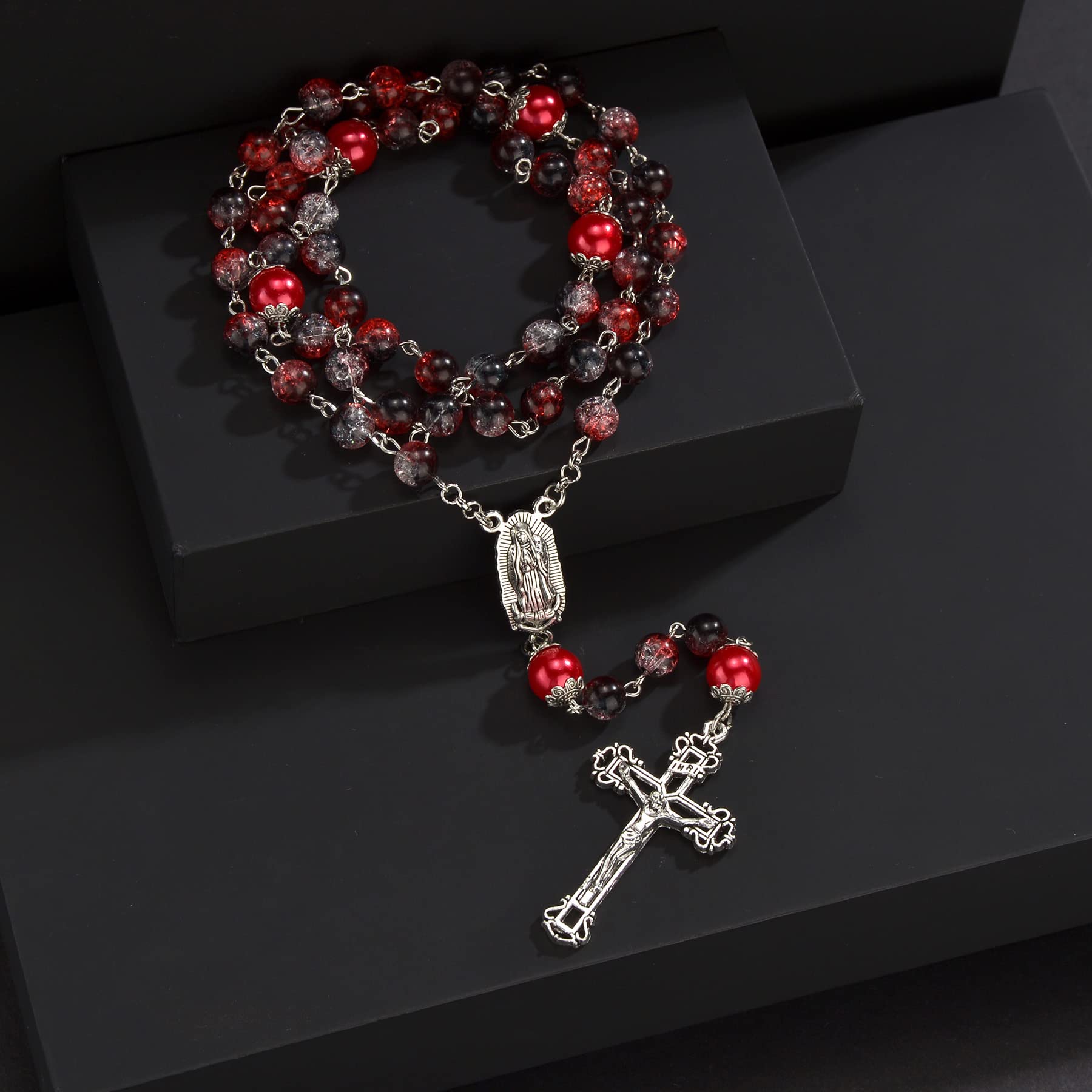 SALOMOCA Rosary 8mm Crystal Glass Beads Catholic Guadalupe Medal Red Beads Rosary Necklaces Perfect for Women Jewelry Christian Gifts in Customized Velvet Bag