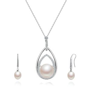 AKOCIDY-Freshwater Cultured Pearl Pendant Necklace and Dangle Earrings Set 925 Sterling Silver Bridal Jewelry Set