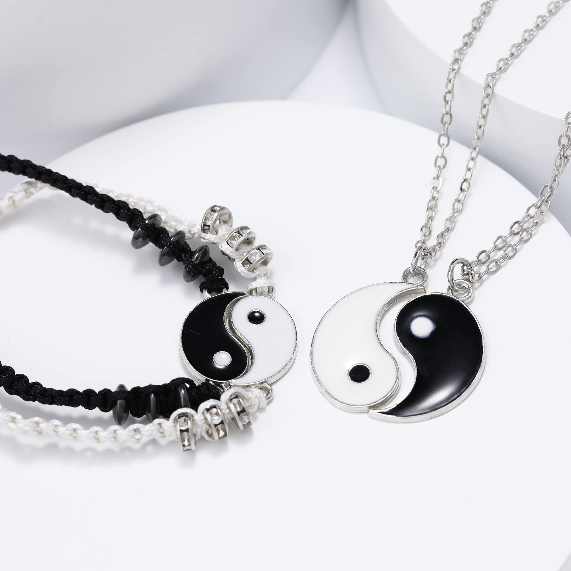 BONJOULRY Yin Yang Couples Necklaces BFF Bracelets Set for 2: Women Mens Matching Friendship Necklace Relationship Bracelets for Best Friends (Silver)