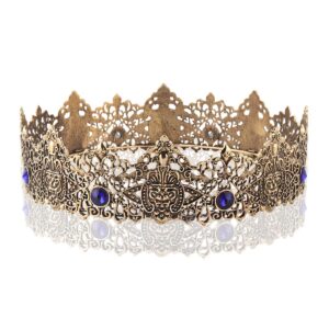 King Men Tiara Crown Imperial Medieval Headband Crystal Pageant Costumes For Birthday Party Prom Halloween Hair Accessories (Dark Gold With Blue Stone)