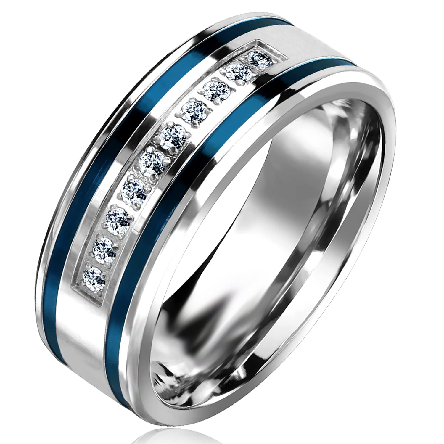 LaRaso & Co His Hers Sterling Blue Sapphire CZ Bridal Wedding Band Engagement Ring Set Him Her Thin Blue Line