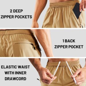 MIER Men's Quick Dry Running Shorts with Zipper Pocket, Elastic Waist Athletic Workout Exercise Fitness Shorts, 7 Inch, Khaki, Medium