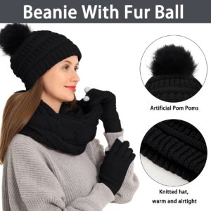 Double Couple 3pcs Winter Beanie Hat Scarf and Touch Screen Gloves Set for Women Knit Hat with Faux Fur Ball Scarves Glove