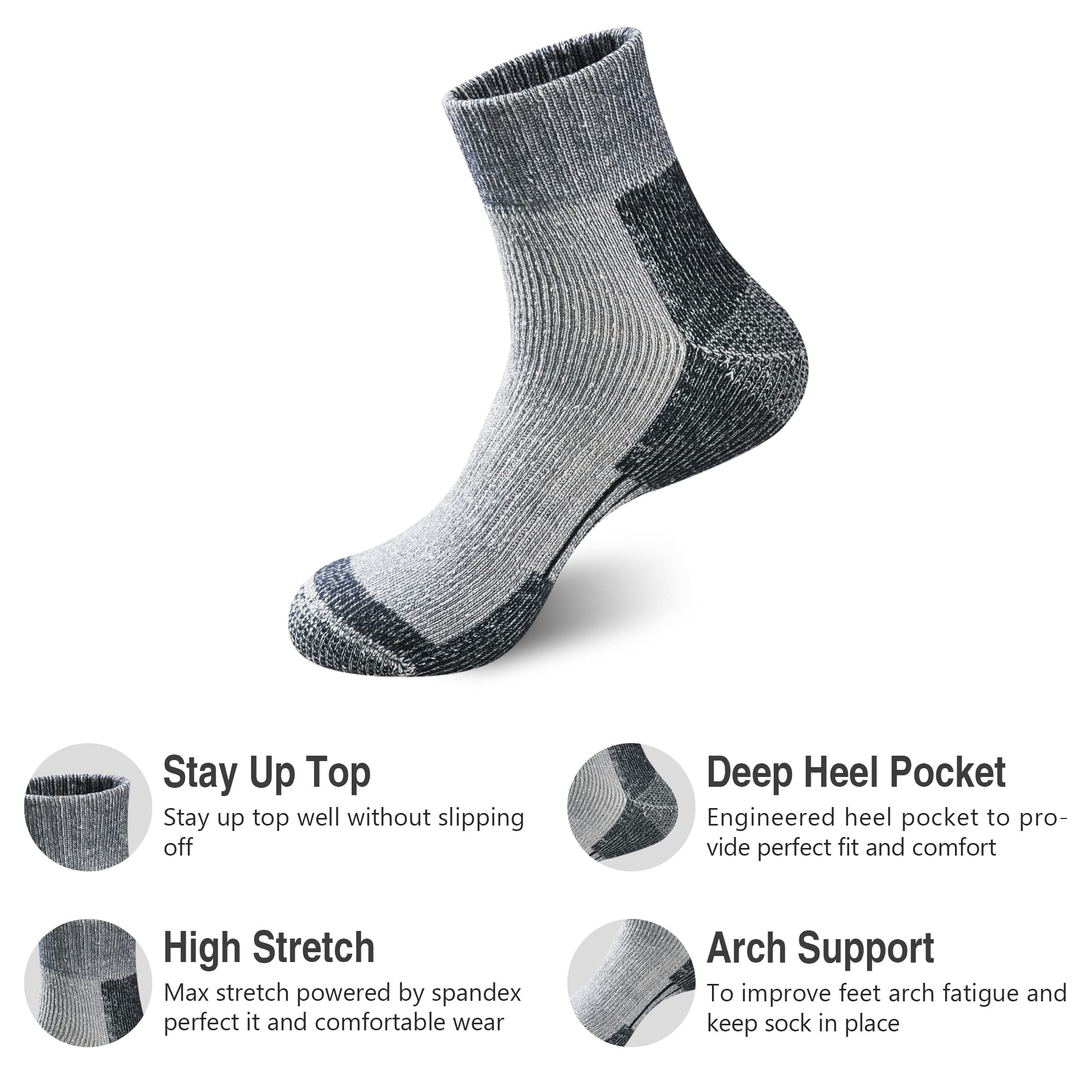 GKX Men's Merino Wool Cushioned Cozy Low Cut Hiking Thermal Boot Socks 3 Pairs