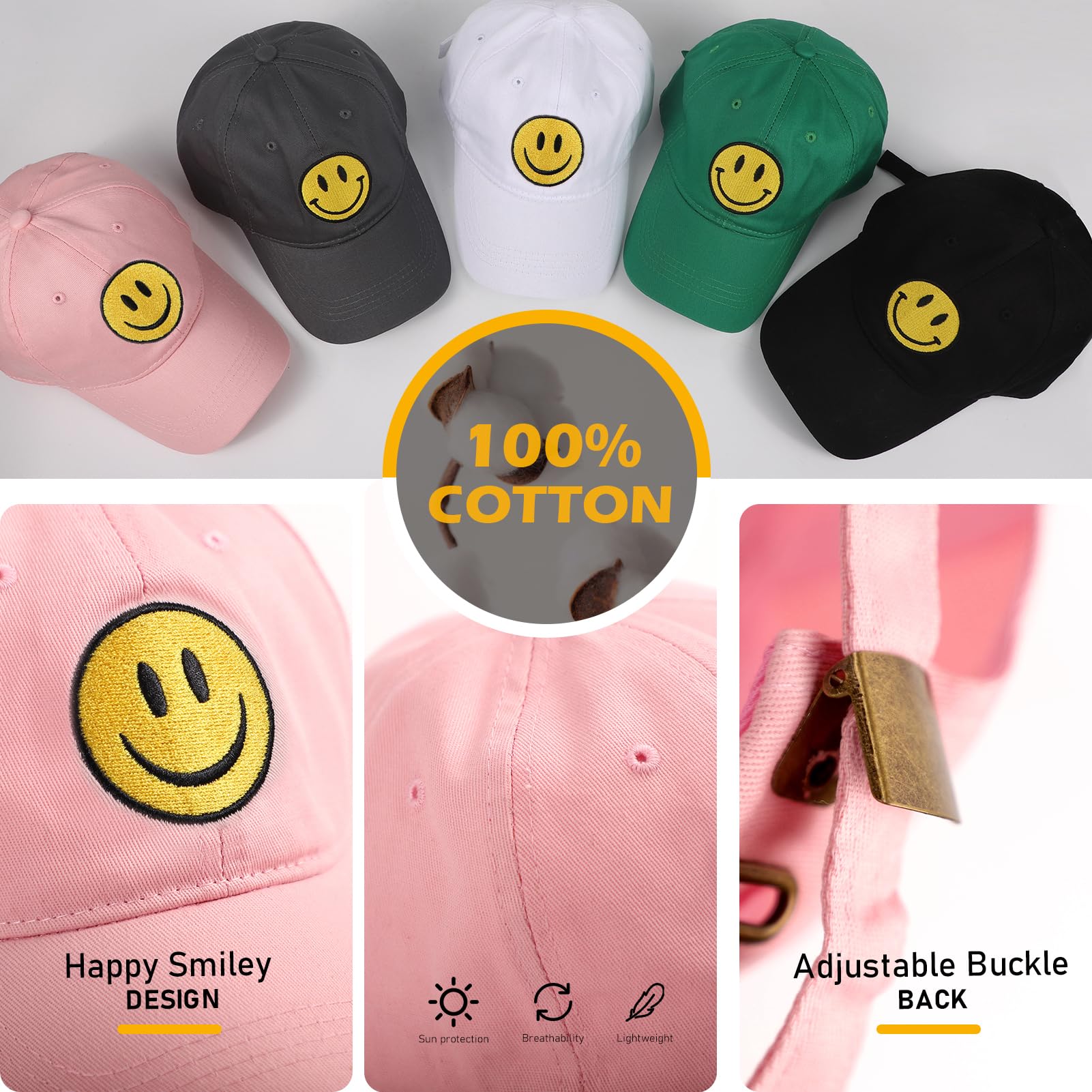 SONMONY Smile Face Baseball Hat Washed Dad Hat for Men Women Cute Baseball Caps Unstructured Smile Embroidered Hat Pink