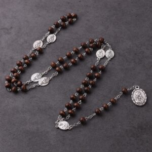 Loumu Seven Sorrows of Mary Rosary Chaplet with Wooden Beads Hematite Beads Glass Pearl Beads Crystal Beads Catholic Rosary Necklace for Women and Men Catholic Gift (brown, Wooden Beads)