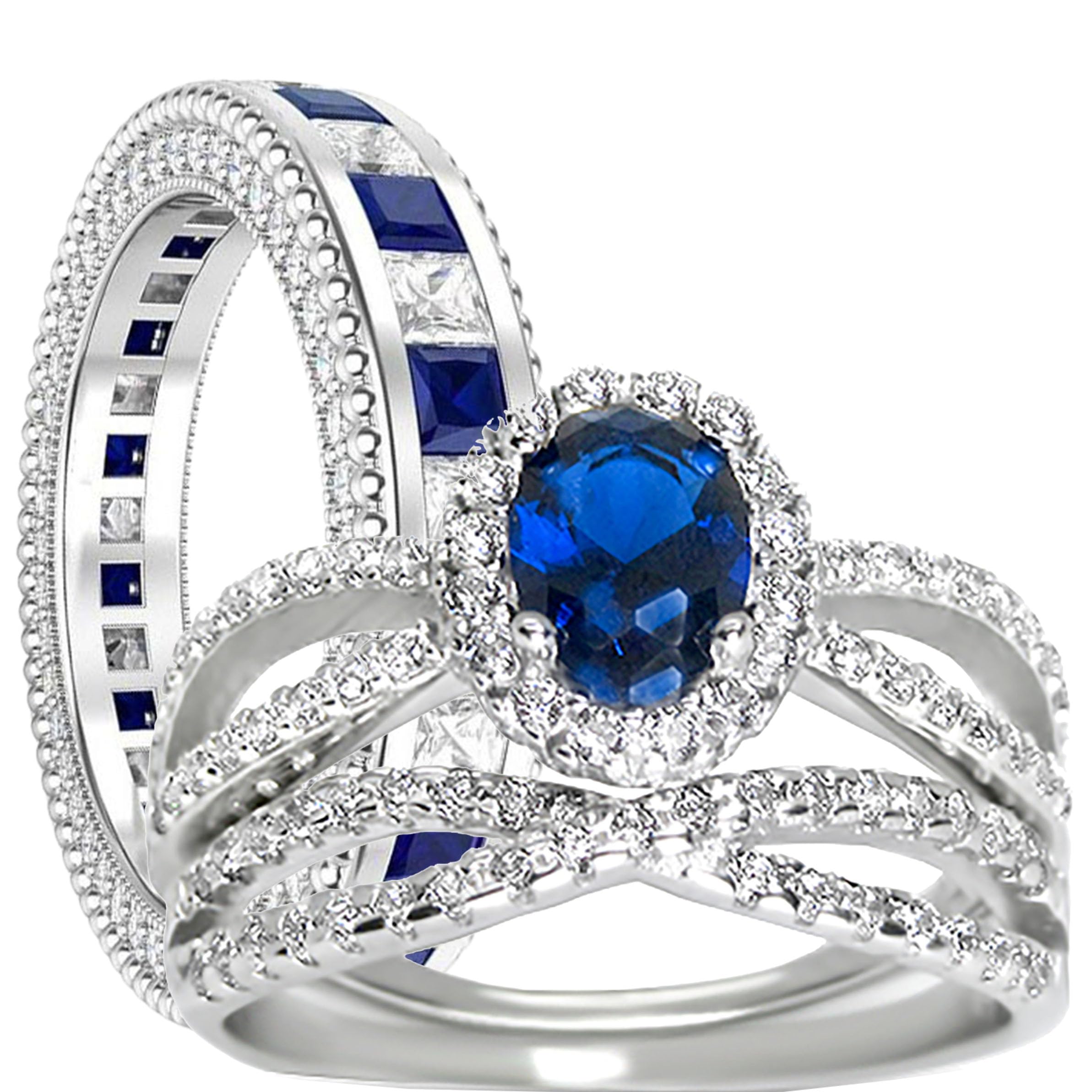 LaRaso & Co His Hers Sterling Blue Sapphire CZ Bridal Wedding Band Engagement Ring Set Him Her