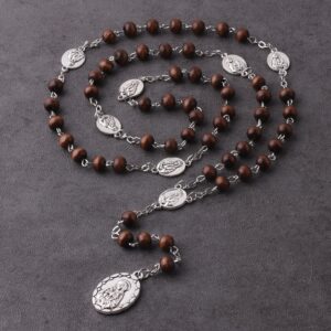 Loumu Seven Sorrows of Mary Rosary Chaplet with Wooden Beads Hematite Beads Glass Pearl Beads Crystal Beads Catholic Rosary Necklace for Women and Men Catholic Gift (brown, Wooden Beads)