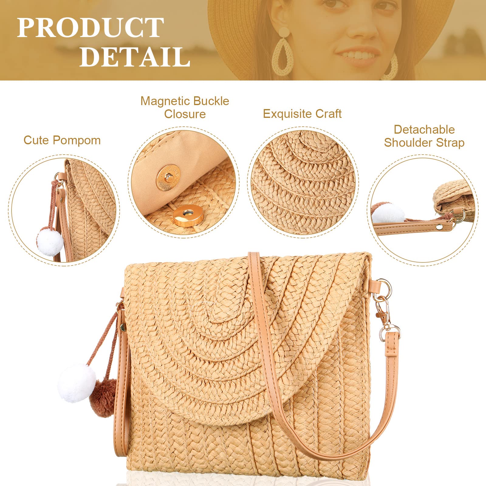 Straw Crossbody Bag for Women Beach Purse Shoulder Bag Hand Woven Straw Clutch Summer Bag Bohemian Boho Handbag with 6 Pairs Rattan Earrings