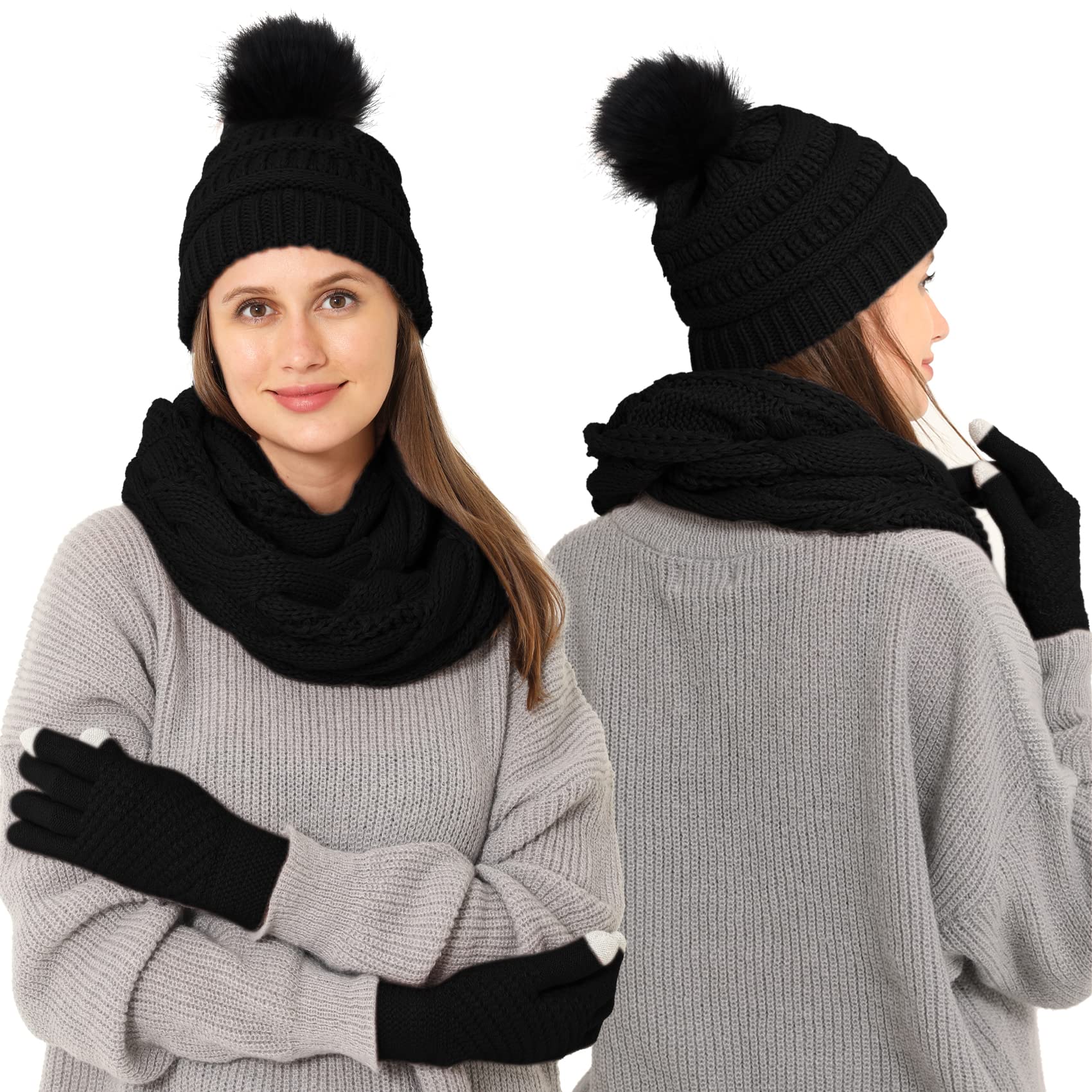 Double Couple 3pcs Winter Beanie Hat Scarf and Touch Screen Gloves Set for Women Knit Hat with Faux Fur Ball Scarves Glove