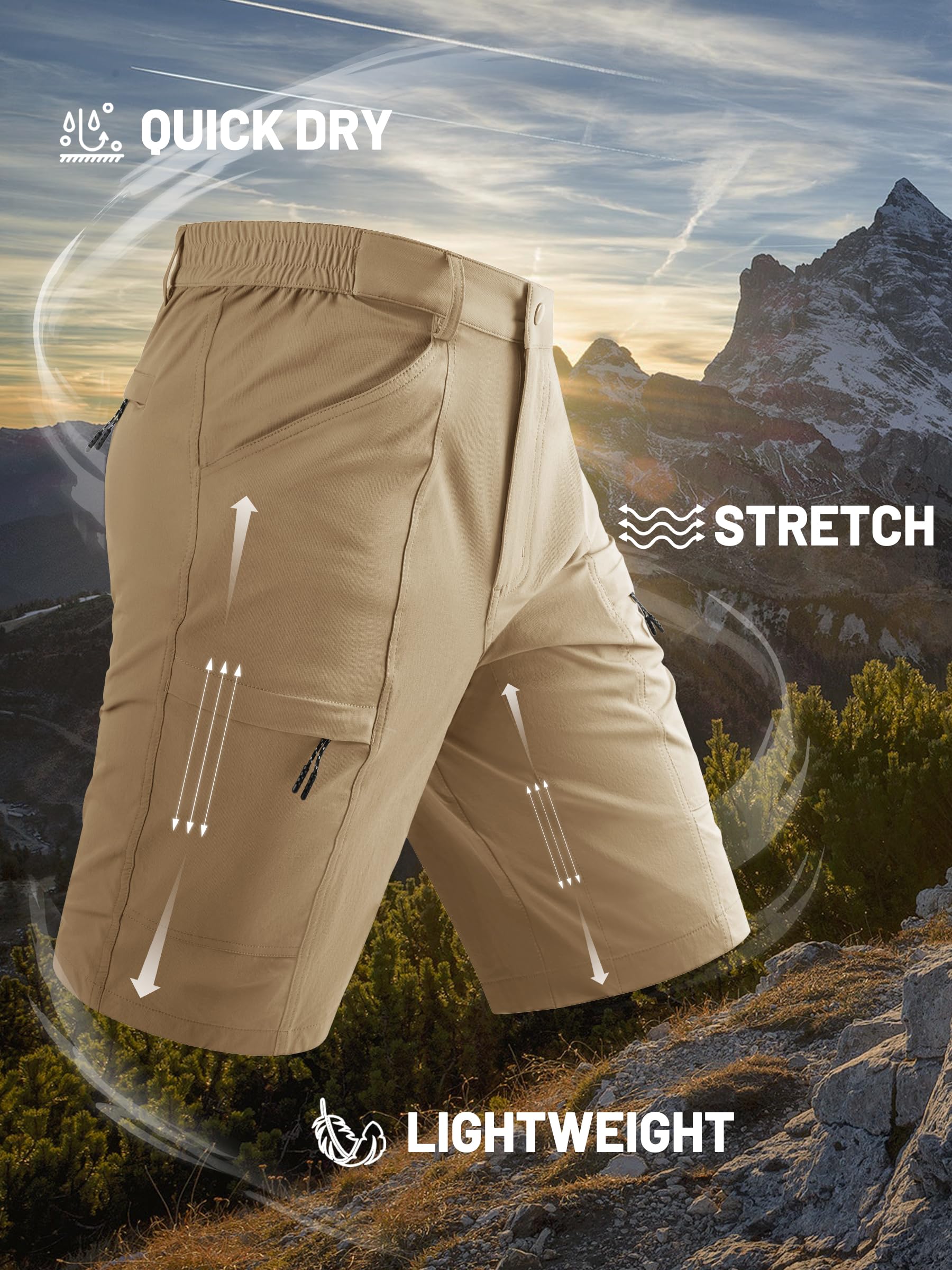 TACVASEN Hiking Shorts Men Quick Dry Water Resistant Summer Shorts for Cargo Fishing Work with 5 Zipper Pockets Khaki 38