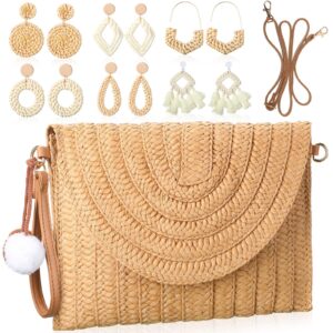 straw crossbody bag for women beach purse shoulder bag hand woven straw clutch summer bag bohemian boho handbag with 6 pairs rattan earrings