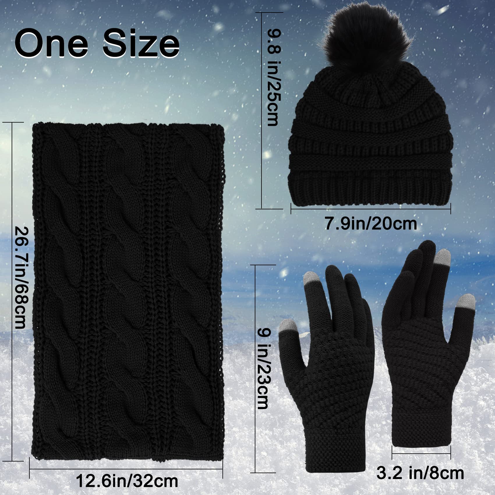 Double Couple 3pcs Winter Beanie Hat Scarf and Touch Screen Gloves Set for Women Knit Hat with Faux Fur Ball Scarves Glove