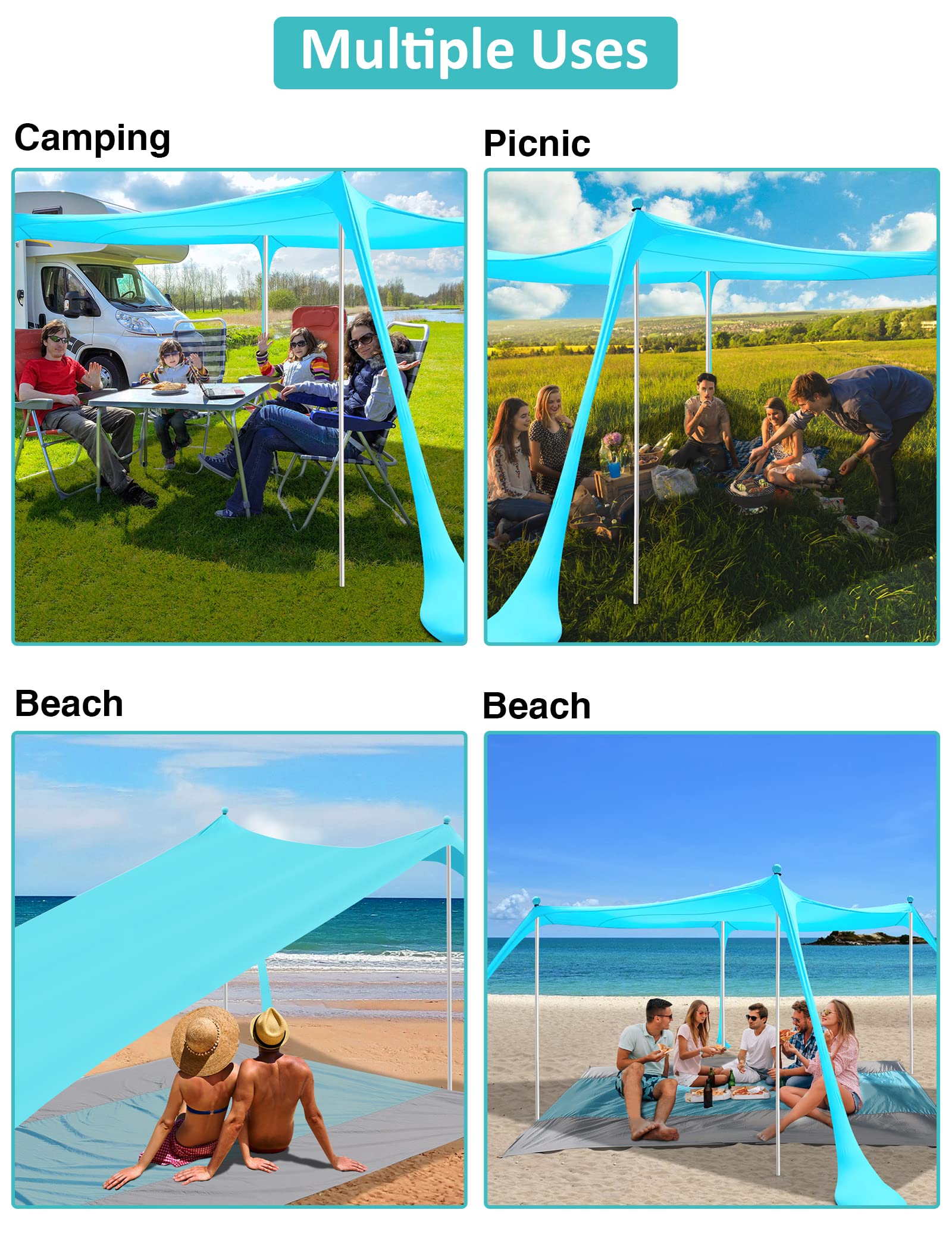 anngrowy Beach Tent Canopy 10'x10' Beach Tents Sun Shelter 6-8 Person Beach Canopy Tent Sun Shade Easy Setup, Beach Blanket Sandproof 10' x 9' Beach Mat Sand Free Waterproof Beach Blankets Extra Large