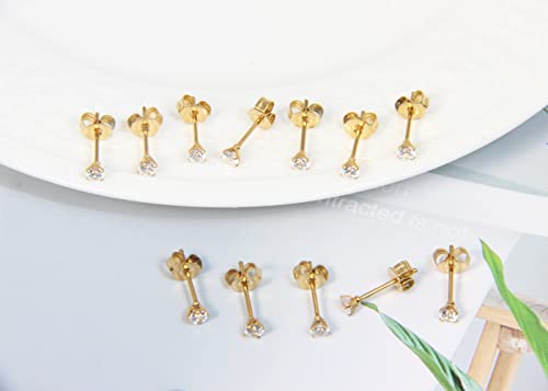 3MM Cubic Zirconia CZ Stud Earrings Gold: 14K Plated 20G Tiny Stud Earrings Set - Cartilage Helix 2-nd 3-rd Hole Small Multiple Piercing Jewelry Hypoallergenic Post Earring, Pack of 6 Pair