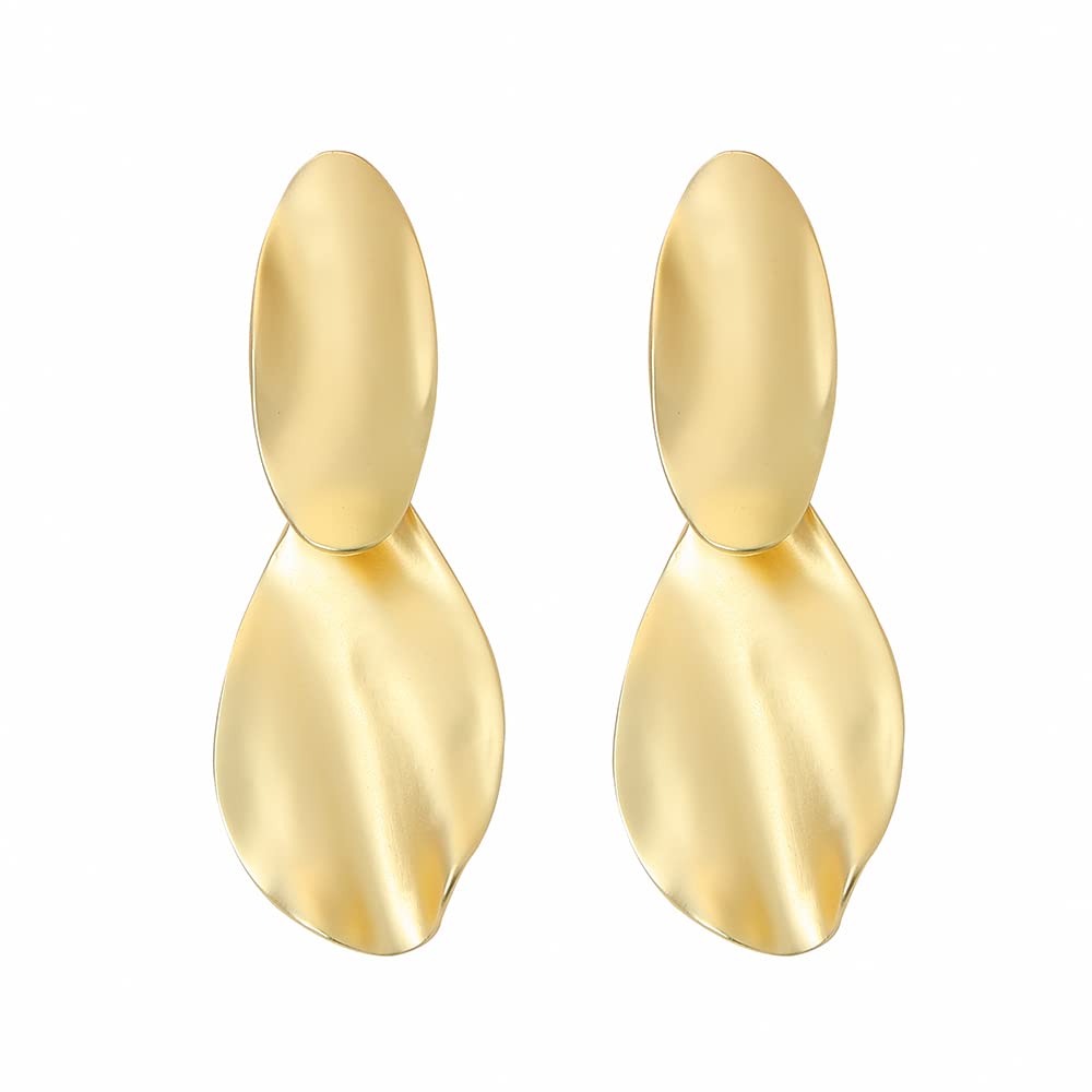 Matte Gold Hammered Long Drop Clip On Earrings Large Unique Statement Clip Earrings for Women