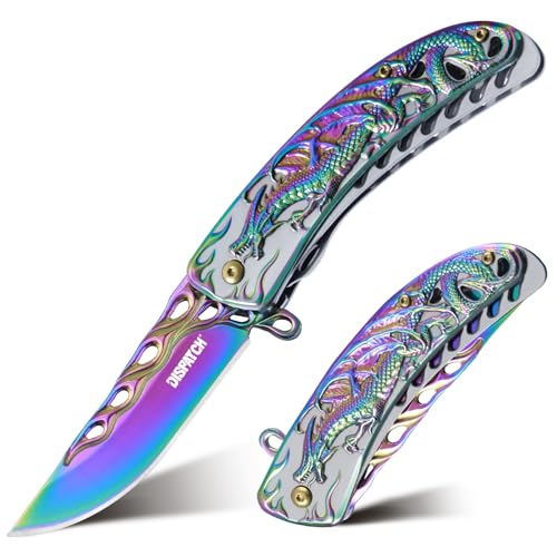 Dispatch Pocket Knife for Men Women with Clip, Folding Knife with Dragon Pattern Handle, Outdoor Hunting Camping Hiking EDC Tools