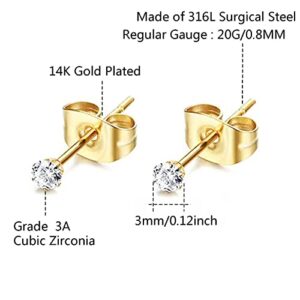 3MM Cubic Zirconia CZ Stud Earrings Gold: 14K Plated 20G Tiny Stud Earrings Set - Cartilage Helix 2-nd 3-rd Hole Small Multiple Piercing Jewelry Hypoallergenic Post Earring, Pack of 6 Pair