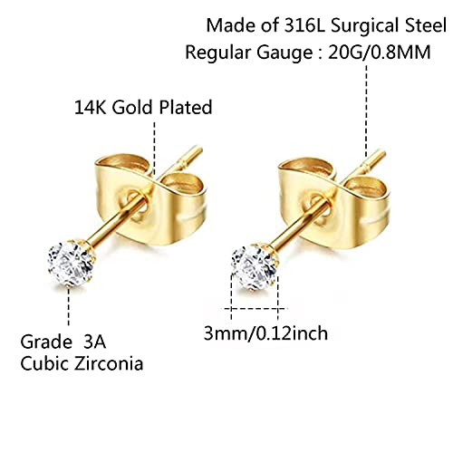 3MM Cubic Zirconia CZ Stud Earrings Gold: 14K Plated 20G Tiny Stud Earrings Set - Cartilage Helix 2-nd 3-rd Hole Small Multiple Piercing Jewelry Hypoallergenic Post Earring, Pack of 6 Pair