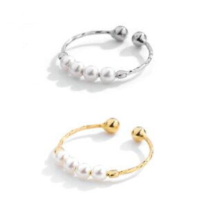 HUIZIUYUQI Tiny Pearl Thin Small Open Rings for Women 925 Sterling Silver Adjustable Dainty Statement Pinky Knuckle Rings Party Birthday Jewelry Gifts 2 PCS Set 7#