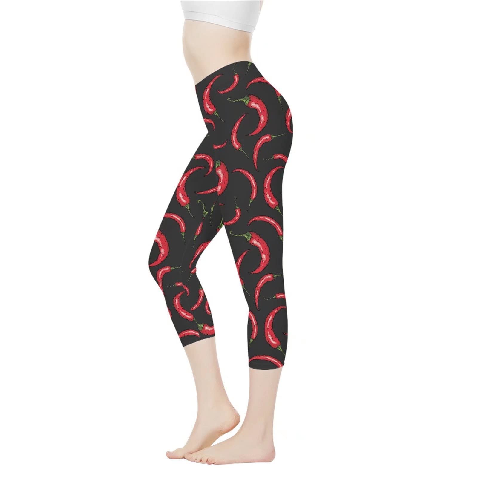 AFPANQZ Chili Pattern High Waist Leggings for Women Athletic Pants Tummy Control Butt Lift Tight Yoga Pants Women's Outdoor Athletic Leggings Capri Black Red M