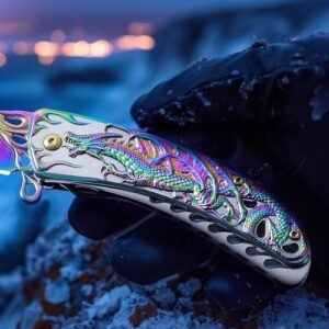 Dispatch Pocket Knife for Men Women with Clip, Folding Knife with Dragon Pattern Handle, Outdoor Hunting Camping Hiking EDC Tools