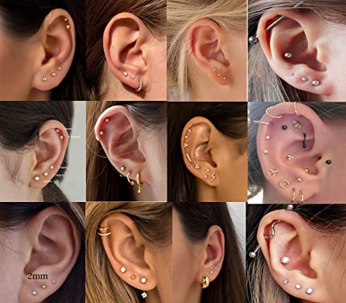 3MM Cubic Zirconia CZ Stud Earrings Gold: 14K Plated 20G Tiny Stud Earrings Set - Cartilage Helix 2-nd 3-rd Hole Small Multiple Piercing Jewelry Hypoallergenic Post Earring, Pack of 6 Pair