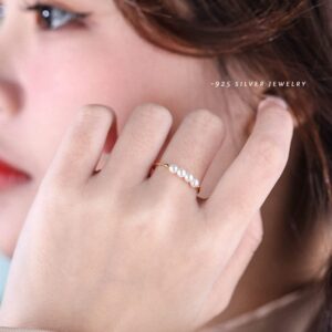 HUIZIUYUQI Tiny Pearl Thin Small Open Rings for Women 925 Sterling Silver Adjustable Dainty Statement Pinky Knuckle Rings Party Birthday Jewelry Gifts 2 PCS Set 7#