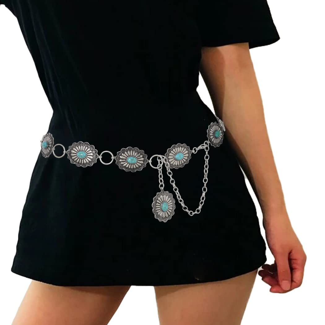 Navoky Turquoise Chain Belts Concho Belt Silver Metal Western Waist Chain Retro Boho Cowgirl Outfit Accessories for women (C, Medium)