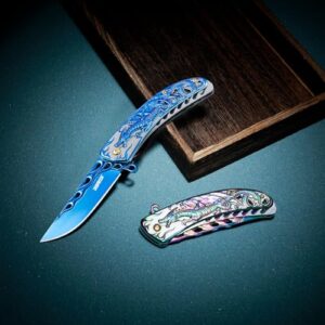 Dispatch Pocket Knife for Men Women with Clip, Folding Knife with Dragon Pattern Handle, Outdoor Hunting Camping Hiking EDC Tools